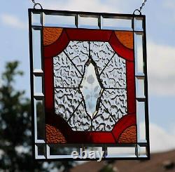 Cherry Red Victorian Style Stained Glass Window Panel, Beveled