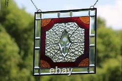 Cherry Red Victorian Style Stained Glass Window Panel, Beveled