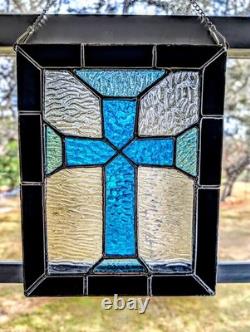 Christian Cross Stained Glass Panel, Blue And Gray, 9W By 11H