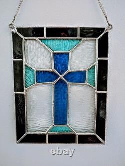Christian Cross Stained Glass Panel, Blue And Gray, 9W By 11H