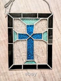 Christian Cross Stained Glass Panel, Blue And Gray, 9W By 11H