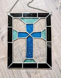 Christian Cross Stained Glass Panel, Blue And Gray, 9W By 11H
