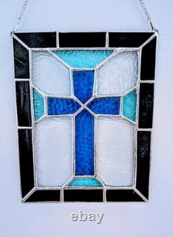 Christian Cross Stained Glass Panel, Blue And Gray, 9W By 11H