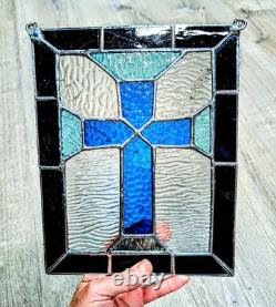 Christian Cross Stained Glass Panel, Blue And Gray, 9W By 11H