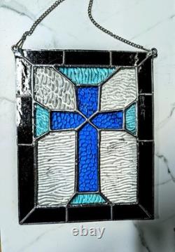 Christian Cross Stained Glass Panel, Blue And Gray, 9W By 11H
