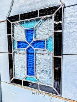 Christian Cross Stained Glass Panel, Blue And Gray, 9W By 11H