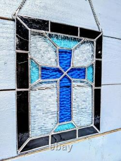 Christian Cross Stained Glass Panel, Blue And Gray, 9W By 11H