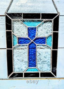 Christian Cross Stained Glass Panel, Blue And Gray, 9W By 11H