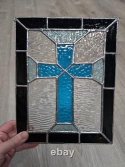 Christian Cross Stained Glass Panel, Blue And Gray, 9W By 11H