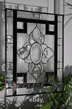 Clear /Black Beveled Stained Glass Panel, Window Hanging 23 3/8x 18 3/8