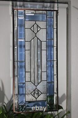 Clear/ Blue/Frosted Beveled Stained Glass Panel, Window Hanging 28 3/8x 12 1/2