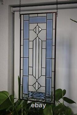 Clear/ Blue/Frosted Beveled Stained Glass Panel, Window Hanging 28 3/8x 12 1/2
