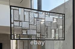 Clear Geometric Stained Glass Panel. Beveled Window Hanging 28.5 x 12.5