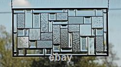 Clear Geometric Stained Glass Panel. Beveled Window Hanging 28.5 x 12.5