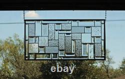 Clear Geometric Stained Glass Panel. Beveled Window Hanging 28.5 x 12.5