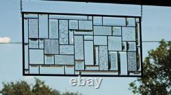 Clear Geometric Stained Glass Panel. Beveled Window Hanging 28.5 x 12.5