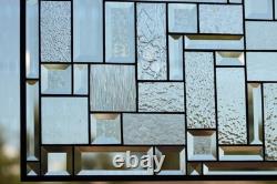Clear Geometric Stained Glass Panel. Beveled Window Hanging 28.5 x 12.5