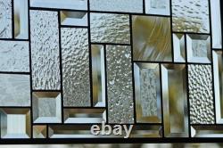 Clear Geometric Stained Glass Panel. Beveled Window Hanging 28.5 x 12.5