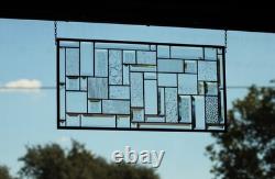 Clear Geometric Stained Glass Panel. Beveled Window Hanging 28.5 x 12.5