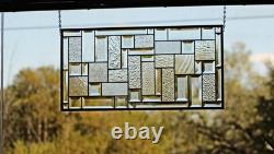 Clear Geometric Stained Glass Panel. Beveled Window Hanging 28.5 x 12.5
