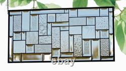 Clear Geometric Stained Glass Panel. Beveled Window Hanging 28.5 x 12.5