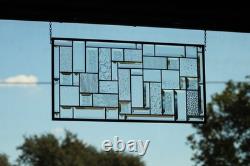 Clear Geometric Stained Glass Panel. Beveled Window Hanging 28.5 x 12.5