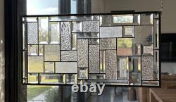 Clear Geometric Stained Glass Panel. Beveled Window Hanging 28.5 x 12.5