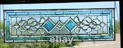 Clear, Turquoise Beveled Stained Glass Window Panel, Transom, Sidelight, 48.75x14