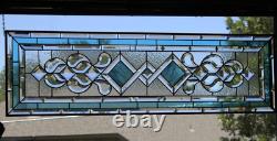 Clear, Turquoise Beveled Stained Glass Window Panel, Transom, Sidelight, 48.75x14