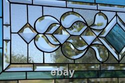 Clear, Turquoise Beveled Stained Glass Window Panel, Transom, Sidelight, 48.75x14
