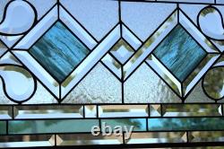 Clear, Turquoise Beveled Stained Glass Window Panel, Transom, Sidelight, 48.75x14