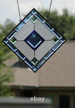 Cobalt Blue-Beveled Stained Glass Window Panel, Ready to Hang 22
