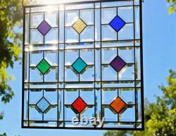 Color Diamond Grid Stained Glass Panel Beveled Light Catcher Design