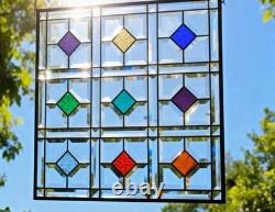 Color Diamond Grid Stained Glass Panel Beveled Light Catcher Design