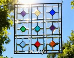Color Diamond Grid Stained Glass Panel Beveled Light Catcher Design