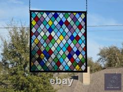 Colorful Diamonds at Play Stained Glass Panel, Window panel 17 x 15 3/4