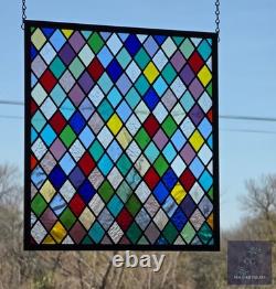 Colorful Diamonds at Play Stained Glass Panel, Window panel 17 x 15 3/4