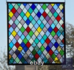 Colorful Diamonds at Play Stained Glass Panel, Window panel 17 x 15 3/4