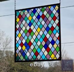 Colorful Diamonds at Play Stained Glass Panel, Window panel 17 x 15 3/4