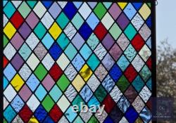 Colorful Diamonds at Play Stained Glass Panel, Window panel 17 x 15 3/4