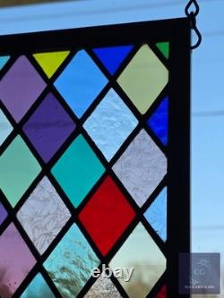 Colorful Diamonds at Play Stained Glass Panel, Window panel 17 x 15 3/4