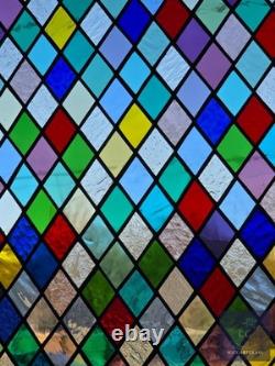 Colorful Diamonds at Play Stained Glass Panel, Window panel 17 x 15 3/4