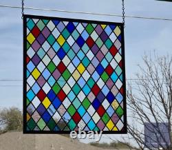 Colorful Diamonds at Play Stained Glass Panel, Window panel 17 x 15 3/4