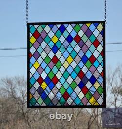 Colorful Diamonds at Play Stained Glass Panel, Window panel 17 x 15 3/4