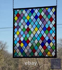 Colorful Diamonds at Play Stained Glass Panel, Window panel 17 x 15 3/4