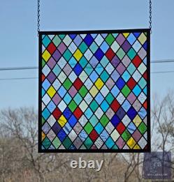 Colorful Diamonds at Play Stained Glass Panel, Window panel 17 x 15 3/4