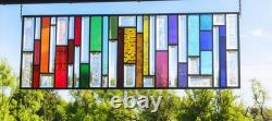 Contemporary Clear Beveled Stained Glass Panel. Leaded Window Hanging. 36