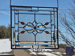 Contemporary stained glass hanging panel orange jewels and bevels, 14.5X12.5
