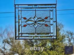 Contemporary stained glass hanging panel orange jewels and bevels, 14.5X12.5