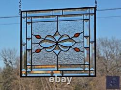 Contemporary stained glass hanging panel orange jewels and bevels, 14.5X12.5